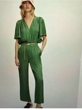 Maje Emerald Green V-Neck Short Sleeve Jumpsuit with Chain Belt